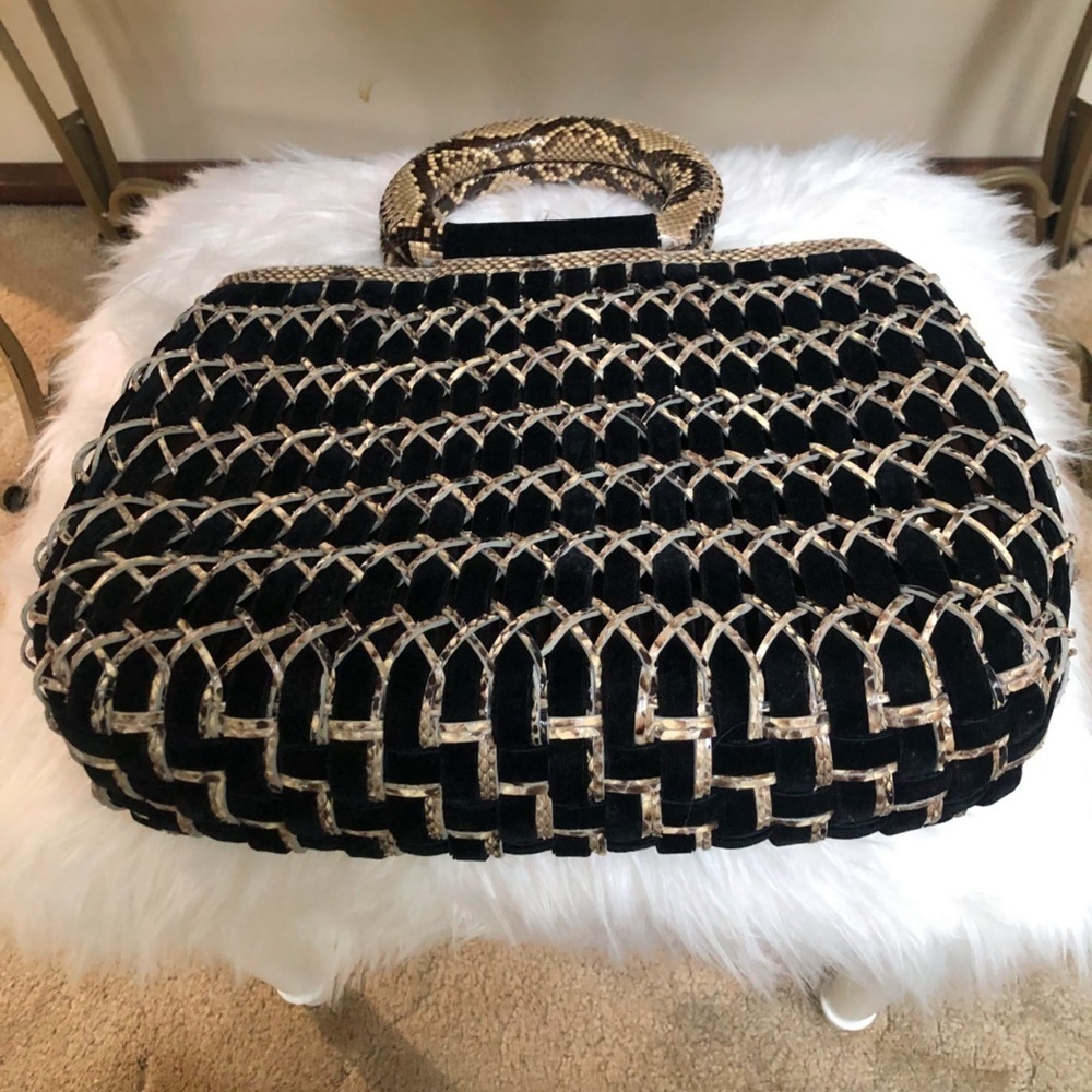 LUXURY PYTHON SNAKESKIN NANCY GONZALES BASKETWEAVE VELVET CLASSIC PURSE TOTE BAG - Picture 3 of 14